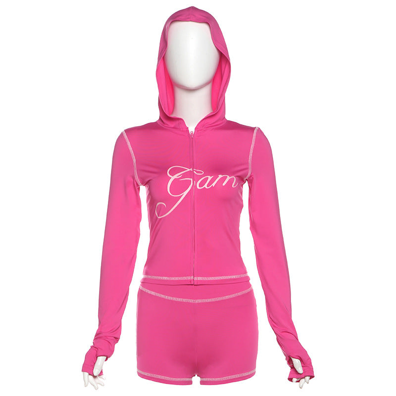 Wholesale Leopard print slim fit hooded high waist zip up shorts set